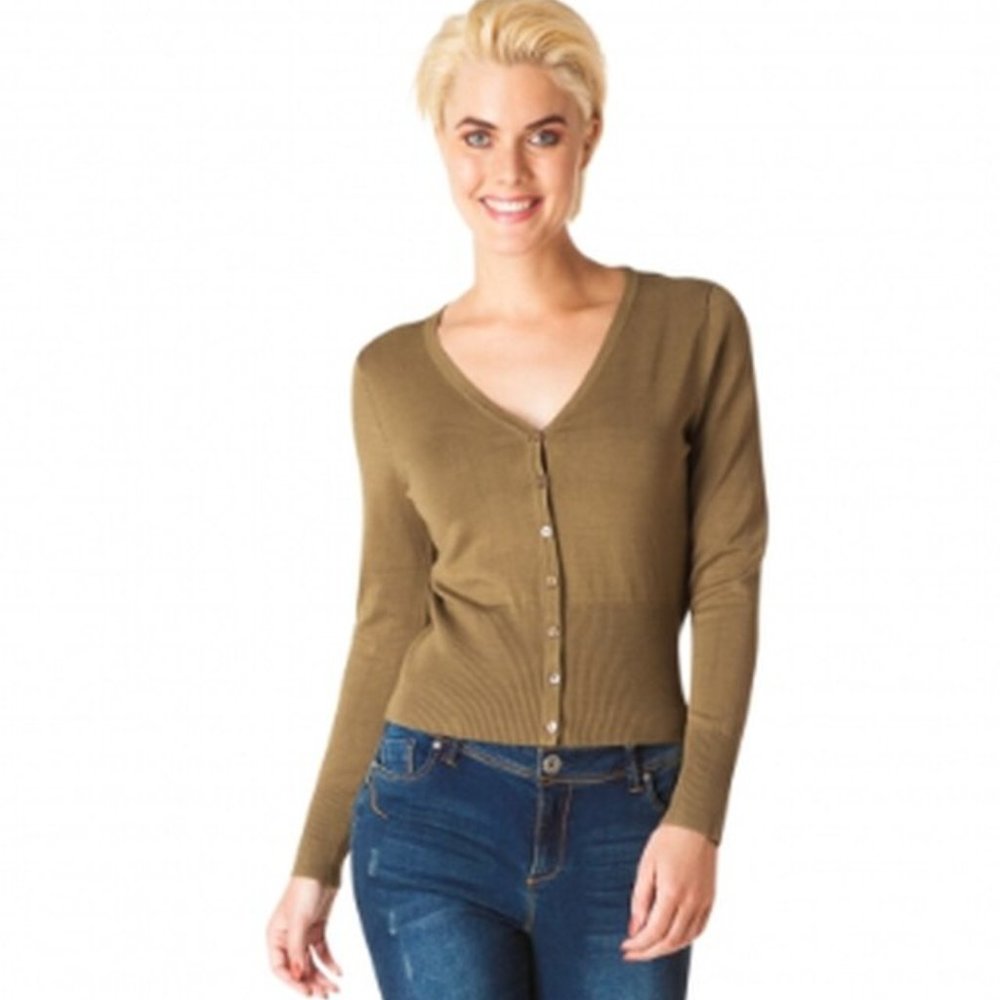Yest Yana 12207 Ladies Dark Olive Cardigan Sweater with Buttons Sizes 12 and 14